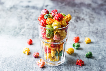 Multicolor caramel sweet Popcorn in a white bowl