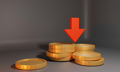 Stacks of golden coins with a downward red arrow. Concept of decline in the value of money. Inflation. 3D rendered illustration. 
