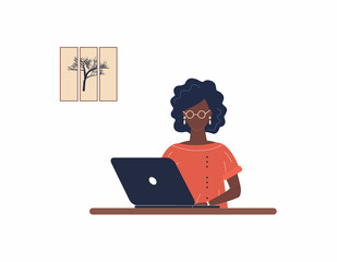 African-american woman tutor work on laptop.Remote work, distance learning or online training during the virus epidemic.Lady trainer or coach conduct webinar or workshop.Raster colourful illustration