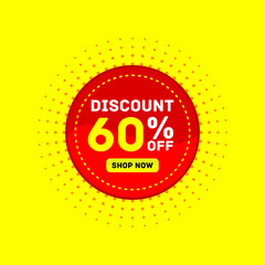60 percent off discount sale sticker, banner yellow background vector eps