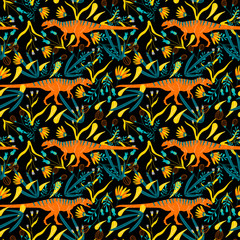 Obraz premium Childish Seamless Pattern with Hand Drawn Dinosaur in Scandinavian Style in Vector