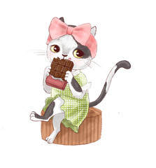 cute kitty in a dress eats chocolate. children's illustration
