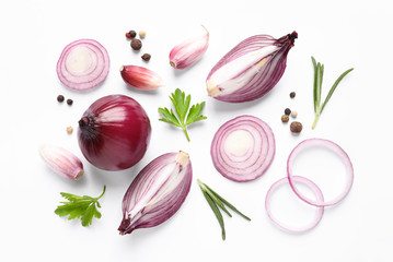 Flat lay composition with cut onion and spices on white background