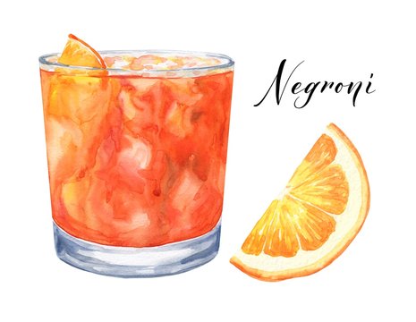 Watercolor Negroni cocktail with orange slice isolated on white background. Watercolour drink illustration.
