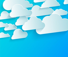 Bright abstract background with white paper clouds on blue sky. For social networking or data storage. Paper cut and digital crafts style. Free space for text.