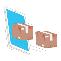 Fast delivery service boxes flying out of the phone vector illustration cartoon flat design modern style 