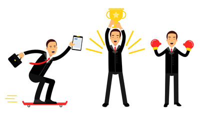 Energetic Businessman in Black Suit Holding Golden Cup and Skateboarding Vector Illustration Set