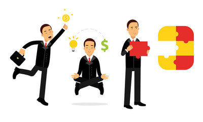 Energetic Businessman in Black Suit Meditating and Doing Puzzle Vector Illustration Set