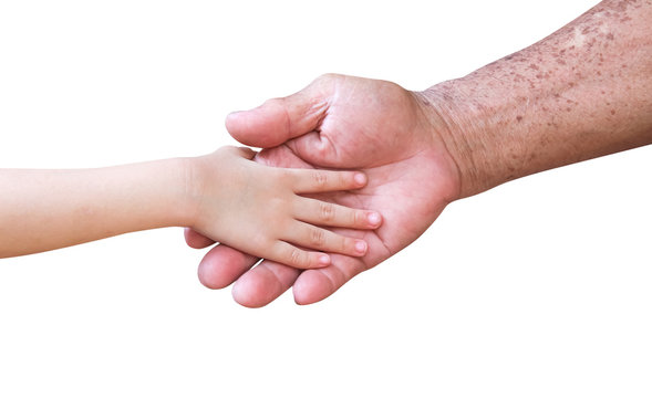 Asian little child girl shaking hands old man right hand isolated on white background , clipping path
