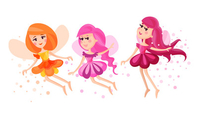 Cute Fairies or Pixies in Pretty Dresses Flying Vector Illustration Set