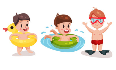 Funny Boys in Beach Wear with Rubber Ring Swimming and Playing Vector Illustration Set