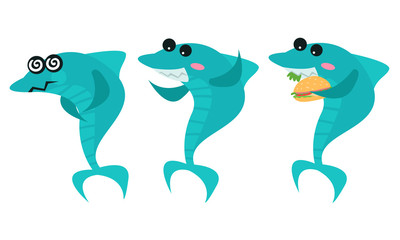 Humanized Shark Eating Hamburger and Feeling Dizziness Vector Set