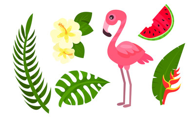 Pink Flamingo and Tropical Flora with Palm Leaves Vector Set