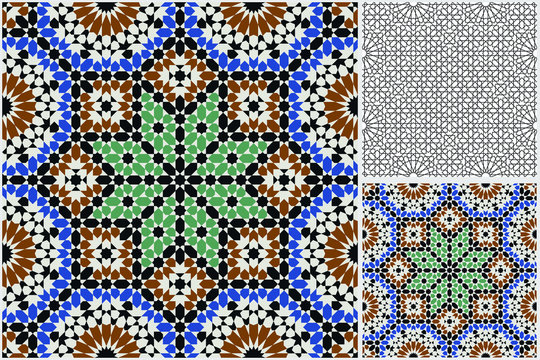 Set of Islamic geometric design. Moroccan ethnic mosaic pattern. Arabian oriental motifs. Wall and floor decorative element. Vector illustration isolated.
