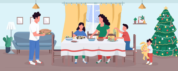 Christmas dinner preparation semi flat vector illustration. Children help parents to serve food. Table for festive meal on New Year. Family 2D cartoon characters for commercial use