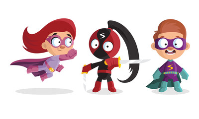 Kid Characters in Bright Superhero Costumes and Masks Vector Set