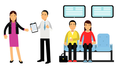 Bank Customers Sitting and Waiting Their Turn and Staff Serving Clients Vector Illustration Set