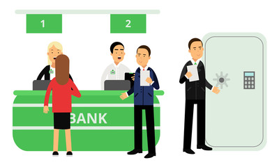 Obraz premium Bank Customers and Staff Serving Clients Vector Illustration Set