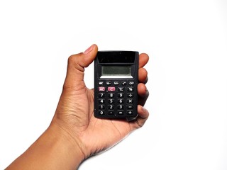 Hand holding calculator isolated on white background