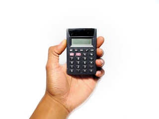 Hand holding calculator isolated on white background
