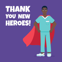 Young male nurse hospital medical employee with hero cape behind fights against diseases and viruses on frontline flat style vector illustration. Future doctor or surgeon medical clinic staff new hero