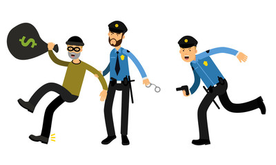 Police Officer and Road Patrol Wearing Policeman Uniform on Duty Vector Illustration Set