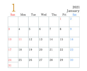 2021年　カレンダー　1月