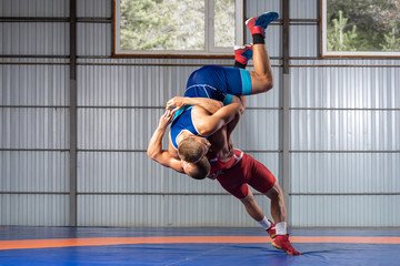 Two  strong men in blue and red wrestling tights are wrestlng and making a suplex wrestling on a yellow wrestling carpet in the gym. Wrestlers doing grapple.