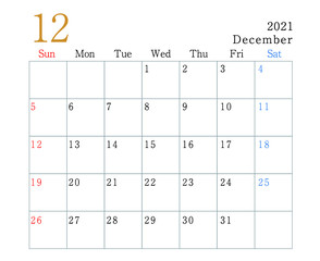 2021年　カレンダー　12月
