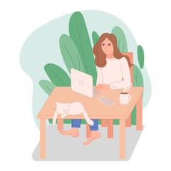 Girl sitting at her workplace and working design background vector illustration flat cartoon design modern style