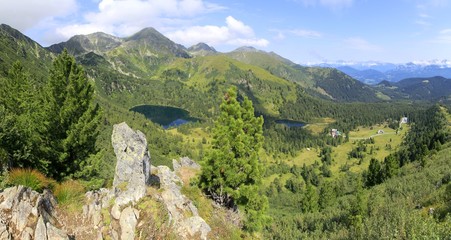 Fototapeta na wymiar Panorama of the Lower Tauern with mount Grosser Bosenstein, lake Scheibelsee and Edelrautehutte, Alps, Styria, Austria