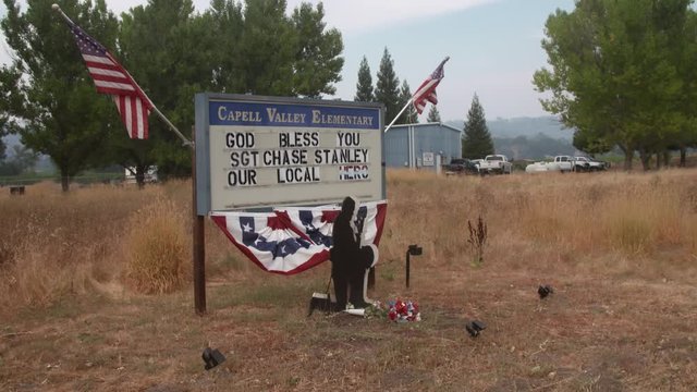 Napa, California, USA. 22 August 2020. Capell Valley Elementary school sign in the LNU Lightning Complex Fire that ravaged the Napa, Sonoma, Lake and Solano counties.