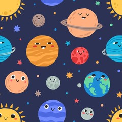 Cute childish planets and stars of solar system seamless pattern. Funny astronomical objects with orbits vector flat illustration. Cartoon universe with adorable cosmic celestial body