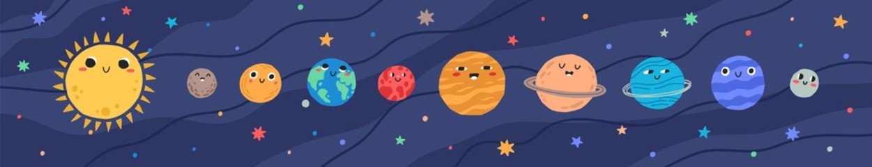 Funny childish planets in row vector flat illustration. Cute celestial bodies with smiling faces in sequence at outer space. Cartoon colorful astronomical objects at night sky © Good Studio
