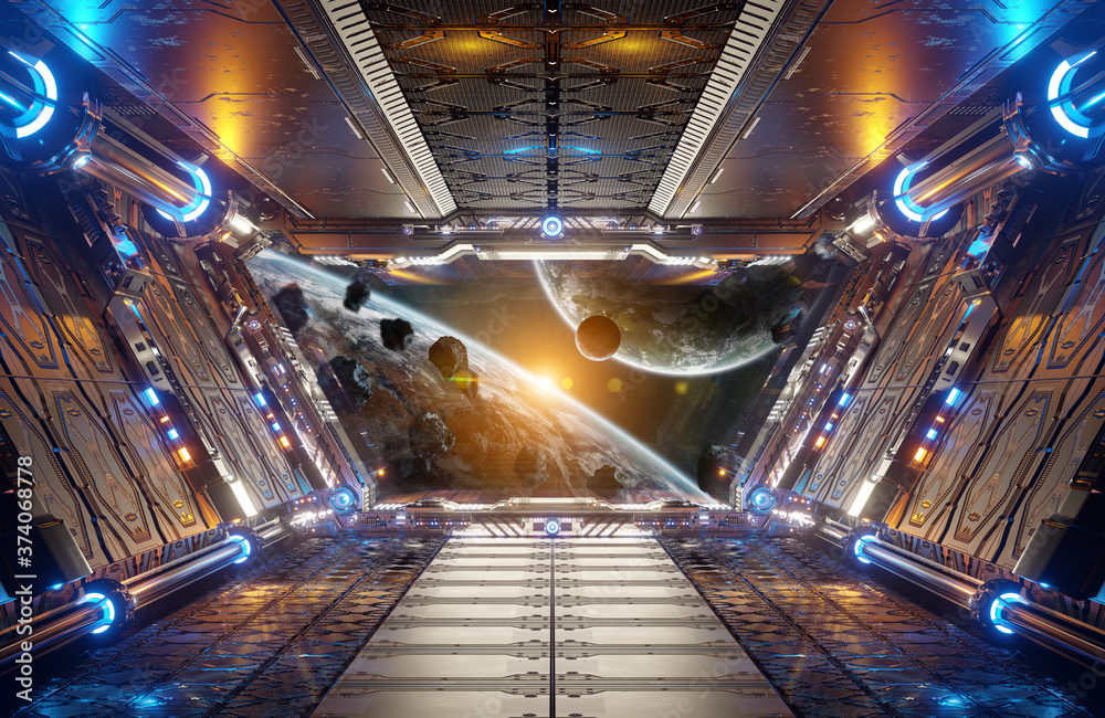 Aufkleber Orange and blue futuristic spaceship interior with window view on distant planets system 3d rendering