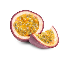 Slices of fresh ripe passion fruit (maracuya) isolated on white