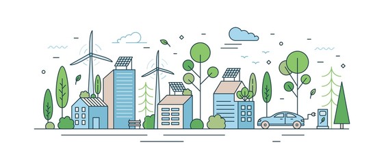 Urban landscape with modern eco friendly technologies vector illustration in line art style. Cityscape architecture with solar energy on roof, wind power, and electric transport isolated on white