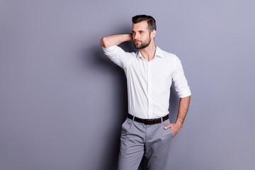 Profile side of charming dream dreamy marketer financier guy touch neck look copyspace enjoy working wear classy white clothes isolated over gray color background