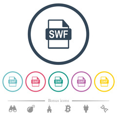 SWF movie format flat color icons in round outlines