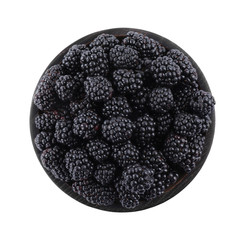 Fresh ripe blackberries in wooden bowl isolated on white, top view