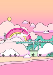 landscape in the city clouds cute color rainbow palm tree beach  concept