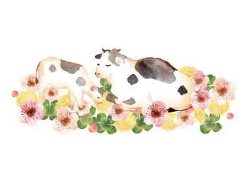 牛の親子とお花の水彩イラスト