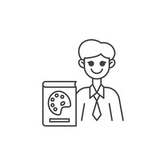 Art teacher line icon. linear style sign for mobile concept and web design. Man teacher with art book outline vector icon. Symbol, logo illustration. Vector graphics