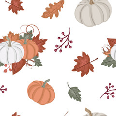 Autumn seamless pattern, fall decorative digital paper, thanksgiving background, pumpkins, autumn leaves