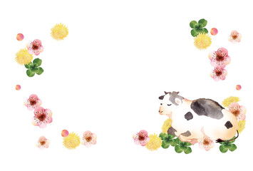 牛とお花の水彩イラスト