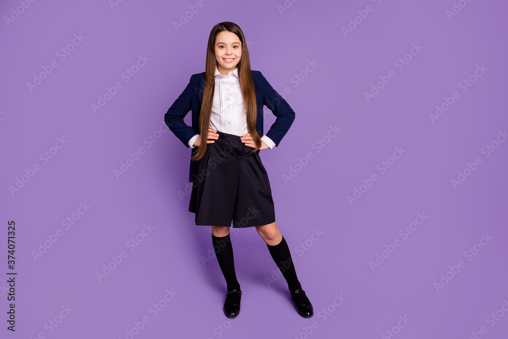 Canvas Prints Full length body size view of her she nice attractive lovely cheerful content schoolchild posing back to school new year autumn fall hands on hips isolated on violet lilac pastel color background