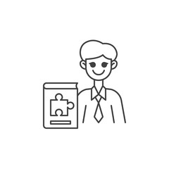 Logics teacher line icon. linear style sign for mobile concept and web design. Man teacher with logics book outline vector icon. Symbol, logo illustration. Vector graphics