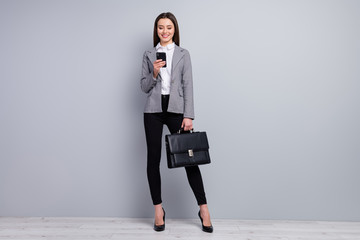 Full size photo of attractive slim business lady worker young promoted chief hold diplomat bag...