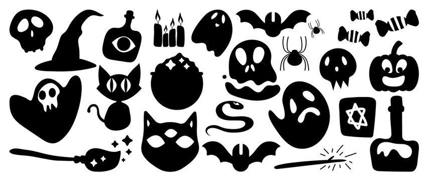 Cute and funny Halloween vector set. Silhouette  cartoon characters elements for children. Pumpkin, ghost, cat, bat and more. Isolated icons and holiday symbols for for invitations  and packaging.