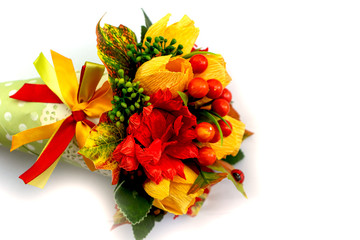 Bouquet of paper flowers and berries for congratulations on the day of knowledge on a white background space for text